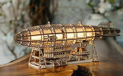 Wood Trick Luminous Zeppelin Dirigible LED 3D Wooden Puzzles for Adults to Build - Moving Propellers & Tail - Includes Wall Mount & Stand - Engineering DIY Project Mechanical 3D Puzzle Model Kits