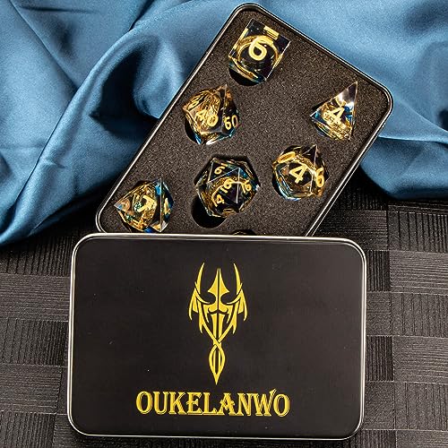 OUKELANWO Magic Lord Rings DND Dice Set with Box, 7Pcs Resin LOTR D&D Dice Set for Role Playing Game, Blue Gold Dungeons Dragons D and D Sharp Edge Dice D20 D12 D10 D8 D6 D4 - color: Blue