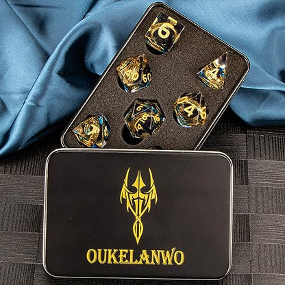 OUKELANWO Magic Lord Rings DND Dice Set with Box, 7Pcs Resin LOTR D&D Dice Set for Role Playing Game, Blue Gold Dungeons Dragons D and D Sharp Edge Dice D20 D12 D10 D8 D6 D4 - color: Blue