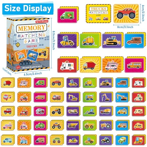 gisgfim 100 PCS Memory Matching Game Trucks Concentration Memory Card Games for Kids Preschool Educational Ages 3-8 A Fun & Fast Vehicle Theme Matching Games - style: Trucks