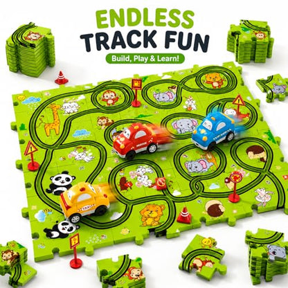 Beby Buty 64PCS Puzzle Race Track Car Set for Kids Boys, Floor Puzzle Tracks Car Toys for Boys Girls Ages 3-5 4-6, Toddler Toys Gifts for 3 4 5 Year Old, Ideal 3 4 5 6 Year Old Birthday Gifts - style: 64 PCS Animal Theme