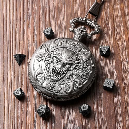Mini DND Dice Set with Steampunk Warlock Skull Pocket Watch Case, Tiny 7PCS Polyhedral Metal D&D Dice, DND Gifts with Gift Box, Gothic Gifts, Role Playing Game Board Game Accessories Dice, Dark Silver