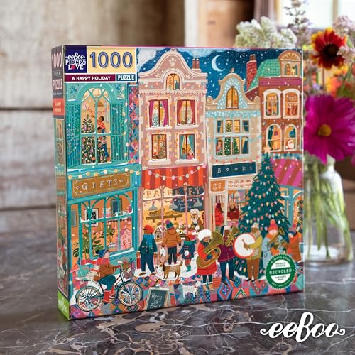 eeBoo A Happy Holiday 1000 Piece Square Jigsaw Puzzle, 23" x 23" | Double coated, sturdy & dust free pieces with a satisfying snap. Includes full color reference insert. Vibrant, original art - style: A Happy Holiday