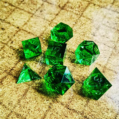Bescon Crystal Clear (Unpainted) Sharp Edge DND Dice Set of 7, Razor Edged Polyhedral D&D Dice Set for Dungeons and Dragons Role Playing Games, Emerald Color - color: Emerald