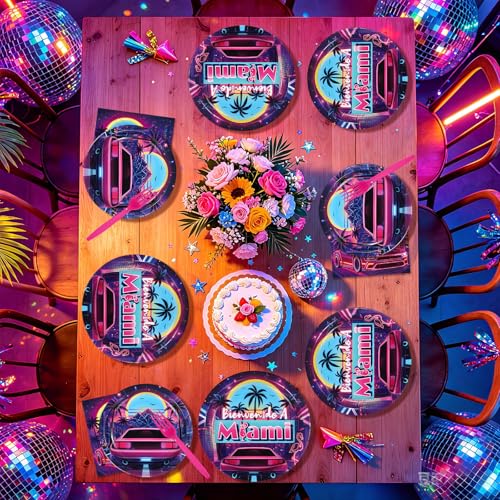 96 Pcs Bienvenido a Miami Party Decorations, Serves 24 | Retro Summer Disco Plates and Napkins Tropical Neon Tableware Set for Miami Birthday Summer Beach Disco Style Pool Party - style: Summer Neon Disco Plates m