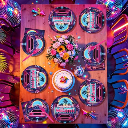 96 Pcs Bienvenido a Miami Party Decorations, Serves 24 | Retro Summer Disco Plates and Napkins Tropical Neon Tableware Set for Miami Birthday Summer Beach Disco Style Pool Party - style: Summer Neon Disco Plates m