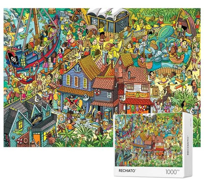 Jigsaw Puzzles for Adults, 1000 Pieces Pirate Park Puzzle, Cartoon Painting Challenging Puzzles for Family Activity Game Nights Gifts Fidget Stress Relief - color: Pirate Park