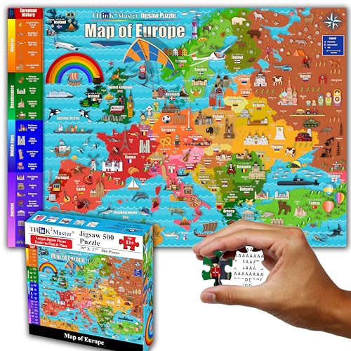 Think2Master Colorful Map of Europe 500 Pieces Jigsaw Puzzle with Very Large Pieces for 13+, Adults & Seniors. Great Gift for Interest in the European Map. Size: 26.8” X 18.9” - style: Map of Europe