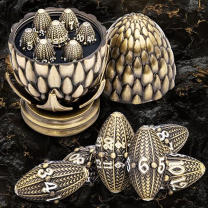 ARUOHHA DND Metal Dice Bronze Dragon Egg Dice with Rotating Dragon Egg Shell, Role Playing Game RPG Polyhedral D and D Dice Set D20 D12 D10 D8 D6 D4 - color: Bronze