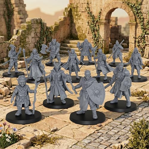 AUSPDICE 25mm DND Minis Figurine for Dungeon Masters & RPG Gift AS990 | Unpainted Ultimate 12 Pcs Heroic Adventurer Party -1:64 Scale Multi-Class TTRPG Human Miniatures Tabletop Gaming Miniatures