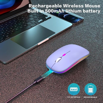 AIKOKOK Wireless Bluetooth Mouse, Rechargeable Dual Mode Mouse, Purple | BT 5.2 & 2.4G USB Receiver, 3 Adjustable DPI,LED Lights,Slim,Silent,Portable Computer Mouse for Laptop,PC,MacBook,iPad,Tablet - color: Purple