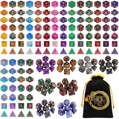 CiaraQ Starry Glitter Polyhedral Dice Set with Drawstring Pouch | 26 acrylic dice sets – 182 pcs total, 7 per set (D4-D20). Lightweight & durable. Great for D&D & tabletop games. Ages 14+. - color: 26 Colors - Starry Sky Style