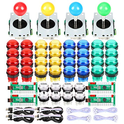 EG STARTS 4 Player Arcade Buttons & Stick for Classic Arcade DIY Kit Parts | USB Encoder To PC Controls + 4 & 8 Way Stick + 5V led Push Buttons With Video Game Consoles Mame Raspberry Pi & 4 Colors