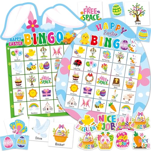 Lonfliness 39Pcs Easter Bingo Game for Adults Kids 24 Players Easter Bunny Egg Shape Bingo Game Cards with Reward Stickers for Family Friends Large Group Activities Happy Easter Spring Party Favors - style: Easter