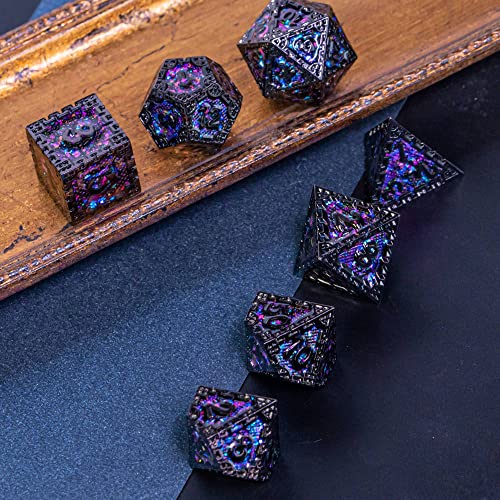 UDIXI Metal DND Dice Set, 7PCS Polyhedral Metal Dice Set D&D Dragon with Gift Box for Role Playing Games and Other Tabletop Game (Purple Sequins) - color: Chain Frame-black With Purple Sequins