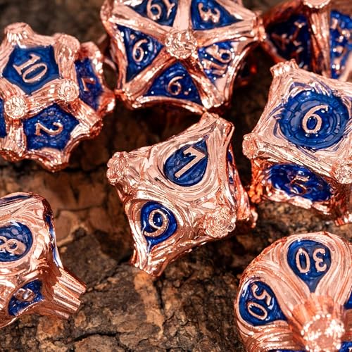 Metal Dice Set D&D Polyhedral Metal DND Dice Blue for Tabletop Games | Leather Storage Bag, DM Gift, for Dungeons and Dragons Role Playing Games - color: Metal Tree-copperblue