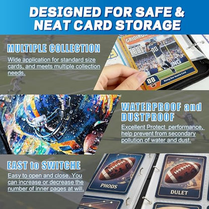 Football Card Binder with Sleeves, 4-Pocket Portable Card Protectors Album Holder Book with Zipper, Fits 400 Cards with 50 Removable Sleeves, Football Cards Display Storage Carrying Case -02 - color: Football- 02- 400 cards