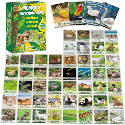 gisgfim 100 PCS Memory Matching Game Adult & Baby Animal Memory Games Educational Matching Game for Kids and Adults A Fun & Fast Animal Memories Games Toddlers Preschool Family Board Gift - style: Adult & Baby Animal