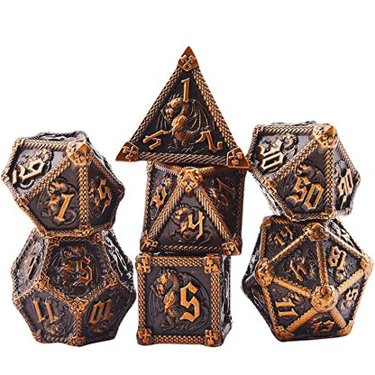 AUSTOR 7-Die Metal DND Dice Set Dungeons and Dragons Polyhedral Roll Playing Dice with Box D20 D12 D10 D% D8 D6 D4 for Pathfinder MTG RPG Board Games - color: Ancient Gold