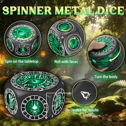 ZHOORQI 8-in-1 DND Dice Set – Metal Spinner Dice with Dual D20, 3D Monster Engravings & Smooth Spinning – Perfect for TTRPG, D and D Dungeons and Dragons Gifts(Black Dice- Green) - color: Black Green