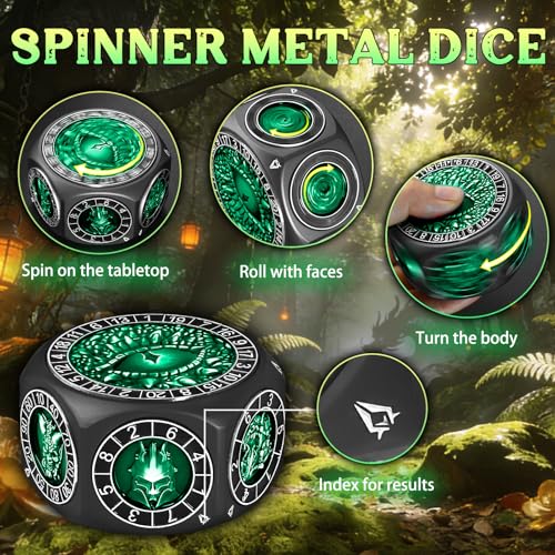 ZHOORQI 8-in-1 DND Dice Set – Metal Spinner Dice with Dual D20, 3D Monster Engravings & Smooth Spinning – Perfect for TTRPG, D and D Dungeons and Dragons Gifts(Black Dice- Green) - color: Black Green