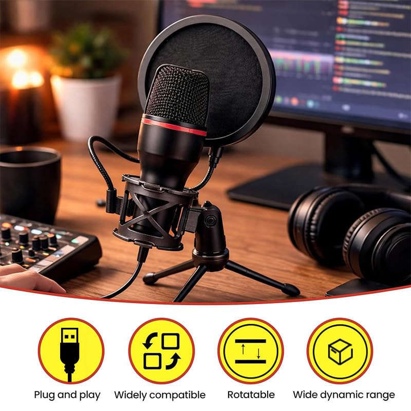 USB Gaming Microphone with RGB Lighting and Desktop Tripod, Plug and Play Mic for Computer Streaming Podcast Recording