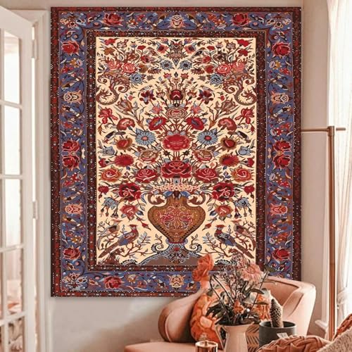 Boho Red Floral Tapestry Bedroom Aesthetic, Flower Art Large Wall Hanging | Bohemian Cute Vintage Tapestries for Teen Girls, Hippie Indian Decor Vertical Backdrop for College Dorm Camping (51''x60'') - color: A- Red Flowers Vintage Tapestry, size: 60"L x