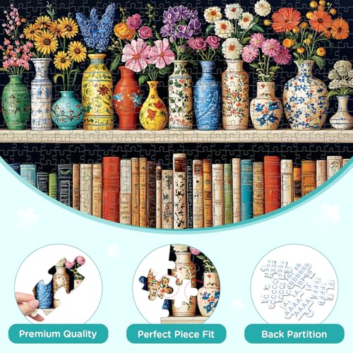 500 Piece Puzzle for Adults Puzzle, Beautiful Bookshelf Jigsaw Puzzle 500 Pieces, Flowers and Vase Jigsaw Puzzles for Adults Seniors, Fun Decor Challenging Family Games Holiday Party Gifts 20.5×15 in - style: Beautiful Bookshelf