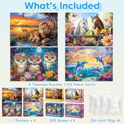 4-Pack Puzzles for Kids Ages 6-8 8-10 Year Old - Lions Horses Owls Dolphins, Large Piece Puzzles for Seniors, 100 Pieces Jigsaw Puzzles for Kids Ages 4-6, Learning Educational Toys for Boys and Girls - style: Lions Horses Owls Dolphins
