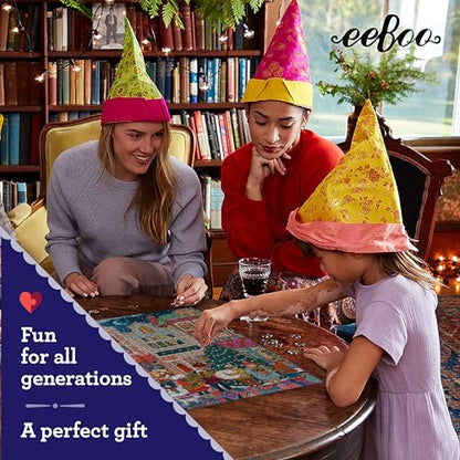 eeBoo A Happy Holiday 1000 Piece Square Jigsaw Puzzle, 23" x 23" | Double coated, sturdy & dust free pieces with a satisfying snap. Includes full color reference insert. Vibrant, original art - style: A Happy Holiday