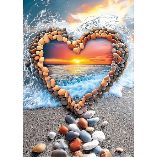 MINIWAN 1000 Piece Ocean Sunset Heart Stone Beach Jigsaw Puzzle | Adults & Seniors, 27.5"x19.7", Letters on Back, Reference Poster - color: Heart-shaped Sunset