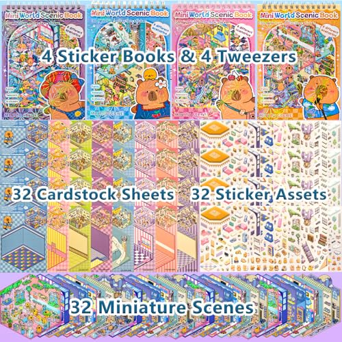 4 Sticker Books,32 Sets (1200+) DIY 3D Scene Stickers for Kids & Adults | Make Your Own Mini House & Room Scenes with Cute Kawaii Sticker Craft Book, Creative DIY Designs, Fun Gift for Kids & Adults - style: 4 Books – Cute Animal Town