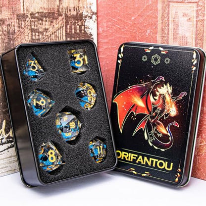 DND Cat Dice Set Blue Sharp Edge Dice with Box, RPG D and D Dice Dungeons Dragons Role Playing Game Polyhedral Resin Dice Set D20 D12 D10 D8 D6 D4 - color: Golden Blue