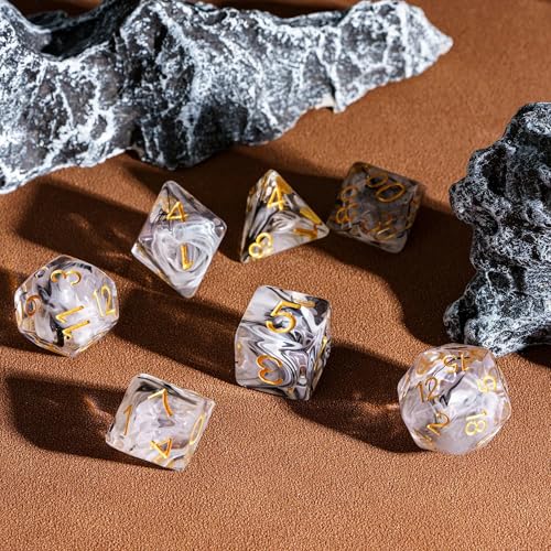 UDIXI 7PCS DND Dice Set, Resin Polyhedral D&D Dice for Role Playing Games | Black White Colors, Dreamy Effect, Velvet Dice Bag Packaging, for Dungeons and Dragons Role Playing Games and Tabletop Games - color: S-black and White