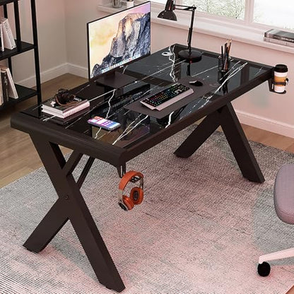 Tempered Glass Computer Desk, Modern Home Office Desk Personal Workstation with X-Shaped Metal Frame, Student Writing Desk Gaming Desk with Cable Management(120cm/47, Black B) - color: Black B, size: 120cm/47"