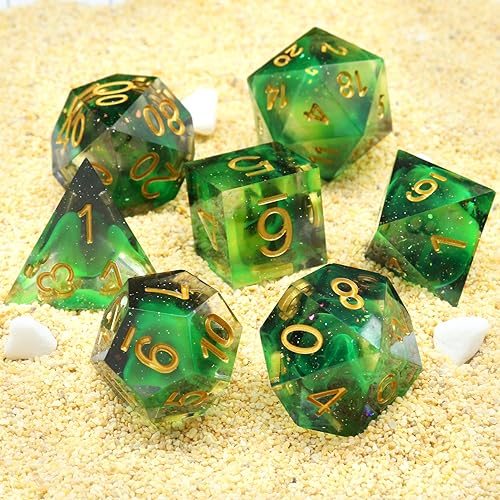 Haxtec Glitter DND Dice Set Sharp Edge Dice with Dice Case Handmade Green Resin D&D Dice Set for TTRPGs Compatible with Dungeons and Dragons Gifts - color: Green Black Gold
