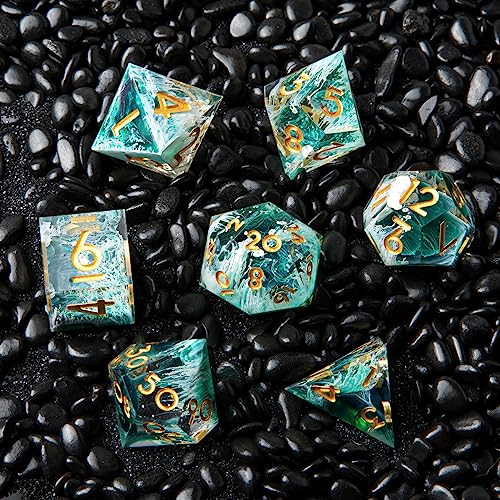DND Dice Set, Sharp Edge Resin Dice Set with Dice Case, Handmade 7 Accessories Polyhedral Dice for Role Playing Game Dungeons and Dragons, D&D Dice (Sea Wave Green)