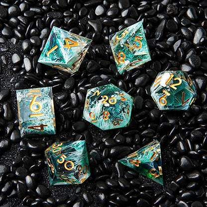 DND Dice Set, Sharp Edge Resin Dice Set with Dice Case, Handmade 7 Accessories Polyhedral Dice for Role Playing Game Dungeons and Dragons, D&D Dice (Sea Wave Green)