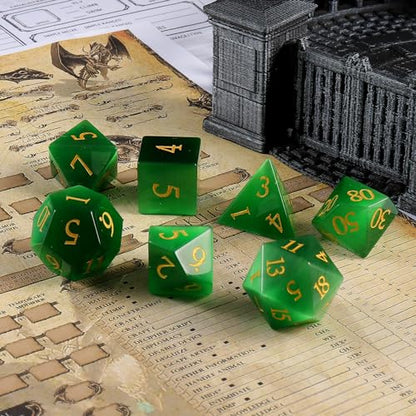 LUCKY-M Gemstone DND Dice Set, Cat Eye Stone Dice for Dungeons and Dragons, Handmade Dice RPG Dice Sets D&D Accessories Gift (Green) - color: Cat Eye- Green
