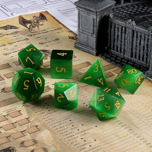 LUCKY-M Gemstone DND Dice Set, Cat Eye Stone Dice for Dungeons and Dragons, Handmade Dice RPG Dice Sets D&D Accessories Gift (Green) - color: Cat Eye- Green