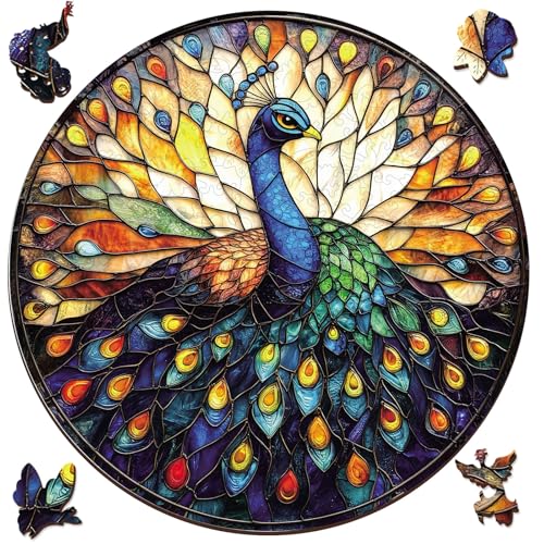 Qiuenisray Jigsaw Puzzles for Adults 200 Pieces, Beautiful Wooden Puzzles Stained Glass Peacock, FSC Certified Unique Shape Adult Puzzles, for Family Friend 11.2x11.2 in - color: Peacock, size: 200pcs