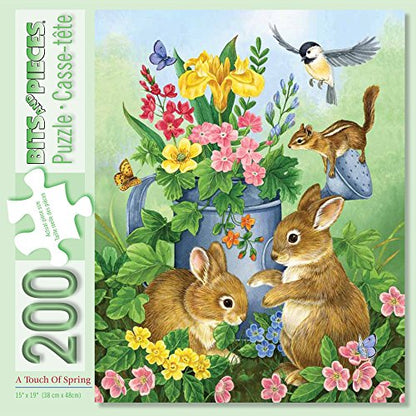 Bits and Pieces 200 Piece Puzzles for Adults, A Touch of Spring - 200 Extra Large Pieces 15" x 19" Jigsaw Puzzles - Bunnies Rabbits Floral Easter - Random Die Cut Pieces No 2 are Alike - size: 200 Piece Puzzle