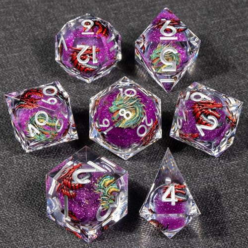 KERWELLSI Liquid Core Dragons Pattern Dice, Resin DND Dice Set with Gift Box, Purple Sharp Edged Dungeons D&D Dice, Role Playing Game Dice D20 D12 D10 D8 D6 D4 - color: Purple