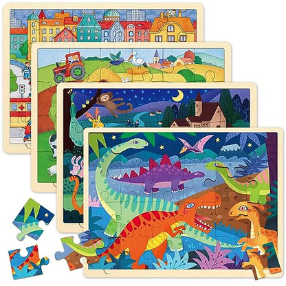 Wooden Puzzles for Kids Ages 3-5, 4 Packs 24 Piece Jigsaw Puzzles for 3 Year Old Boys Girls, Farm Urban Dinosaur Forest Animals Preschool Educational Brain Teaser Boards Toys