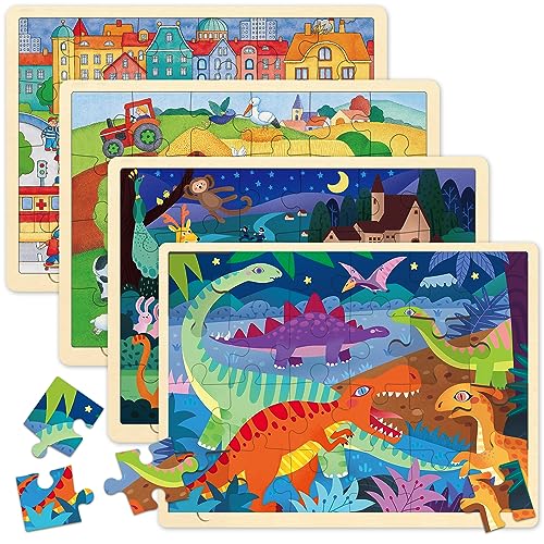 Wooden Puzzles for Kids Ages 3-5, 4 Packs 24 Piece Jigsaw Puzzles for 3 Year Old Boys Girls, Farm Urban Dinosaur Forest Animals Preschool Educational Brain Teaser Boards Toys