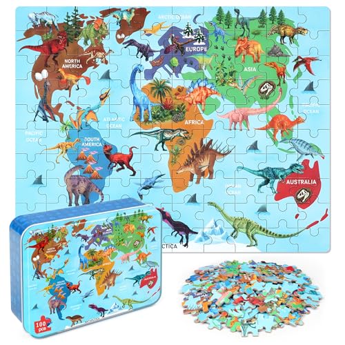 LELEMON Puzzles for Kids Ages 4-6,Dinosaur Map 100 Piece Puzzles for Kids Ages 6-8 in a Metal Box,Educational Jigsaw Puzzles,Childrens 100 Piece Puzzle Games Puzzle Toys for Girls and Boys - color: Dinosaur Map