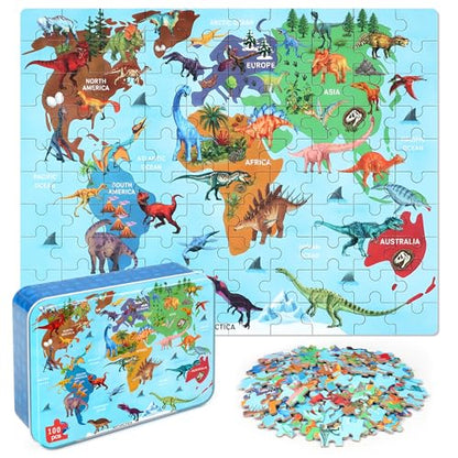 LELEMON Puzzles for Kids Ages 4-6,Dinosaur Map 100 Piece Puzzles for Kids Ages 6-8 in a Metal Box,Educational Jigsaw Puzzles,Childrens 100 Piece Puzzle Games Puzzle Toys for Girls and Boys - color: Dinosaur Map