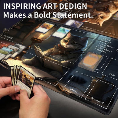 Playmat 24" x 14" Game Mats Tabletop Magic for MTG/TCG Cards, Trading Card Game Playing Stitched Play Mats Commander Deck Gaming Desk Mat Card Gameplay Mats, Cat and Dungeons - color: Cat and Dungeons, size: 24"X14"