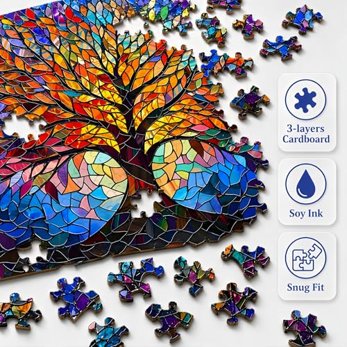 Amzgo® 1000 Pieces Stained Glass Jigsaw Puzzle, Beautiful Tree of Life Art Puzzles for Adults, Unique Fun Impossible Hard Difficult Challenging Pretty Puzzles, Colorful Mosaic Nature Puzzle