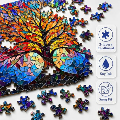 Amzgo® 1000 Pieces Stained Glass Jigsaw Puzzle, Beautiful Tree of Life Art Puzzles for Adults, Unique Fun Impossible Hard Difficult Challenging Pretty Puzzles, Colorful Mosaic Nature Puzzle